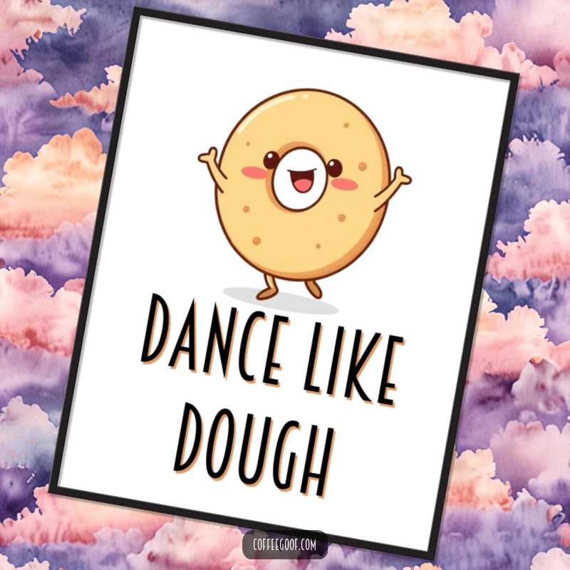 Funny Bagel Poster featuring a happy bagel character doing a jig, ideal for cheerful wall art.
