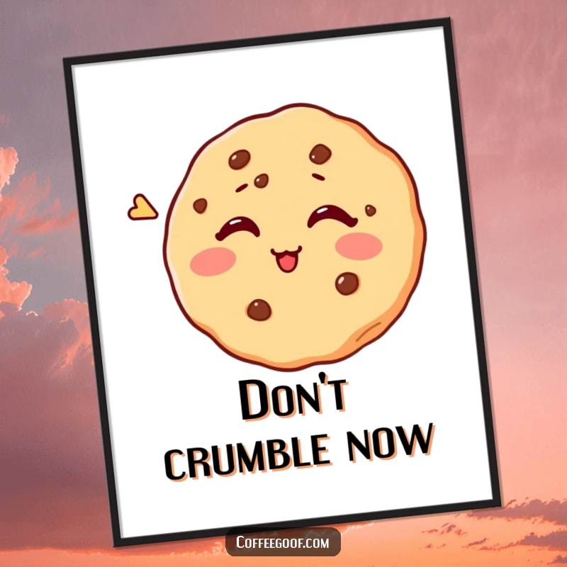 Funny poster art of a circular cookie playfully trying to wink, adding a quirky and humorous visual element.