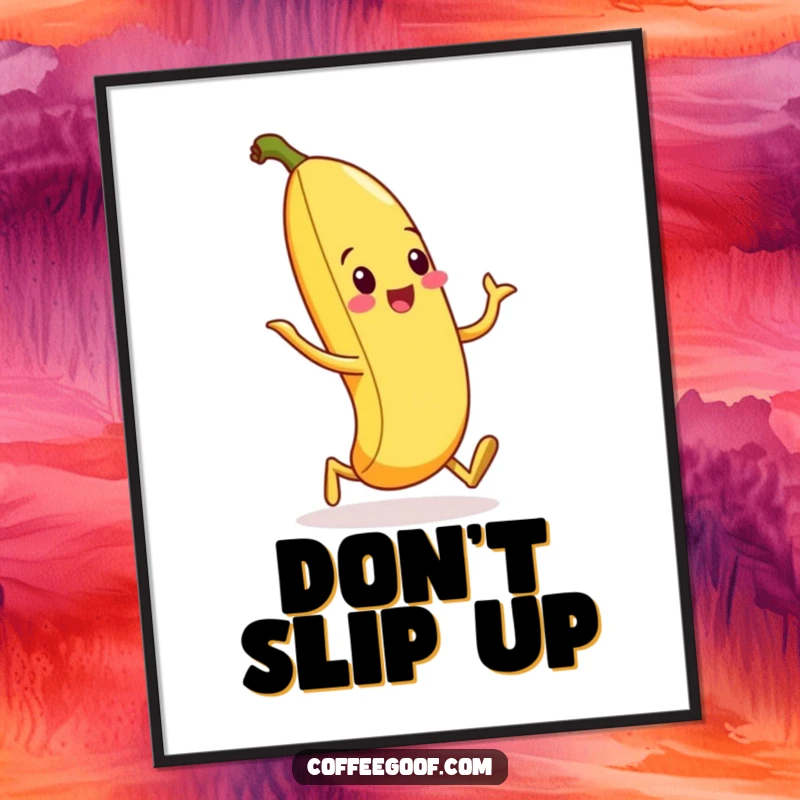 Funny poster art of a smiling banana peel engaged in a bizarre and hilarious silly walk, bringing joy to the viewer.