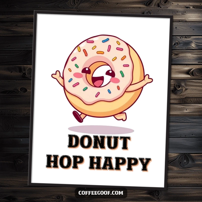 Funny donut character with vibrant, bouncing sprinkles, captured mid-hop, presented as a delightful piece of humorous wall art.