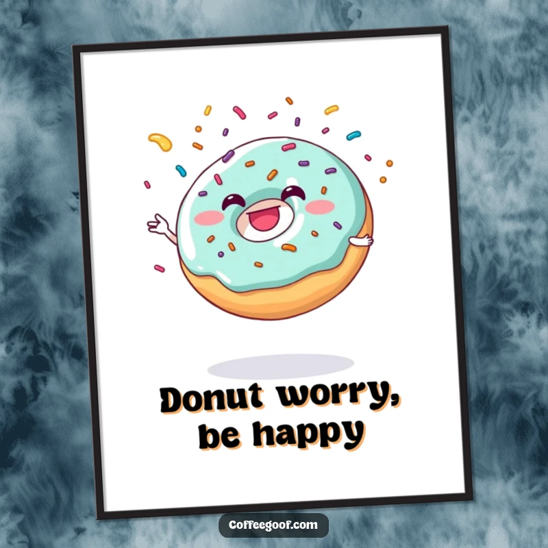 Funny donut character grinning while juggling sprinkles, presented as a vibrant poster for wall art.