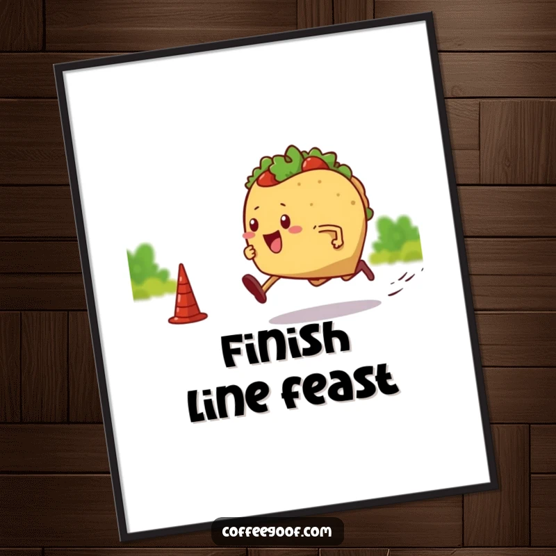 Funny poster art depicting a taco with legs sprinting with determination. Whimsical decor to inspire movement and enjoyment.