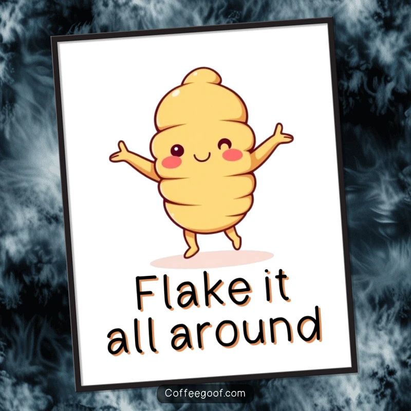 Funny Croissant Poster: A happy croissant character with arms outstretched, dancing with pure glee, bringing cheerful energy to decor.