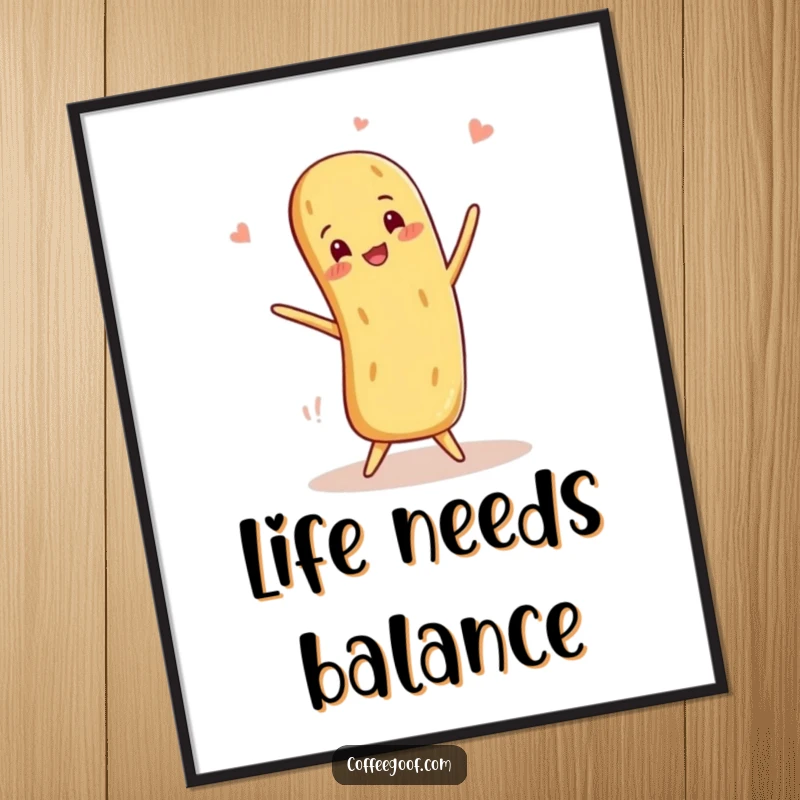 Funny Baguette Poster showcasing a smiling anthropomorphic baguette balancing playfully, a delightful piece of culinary art.