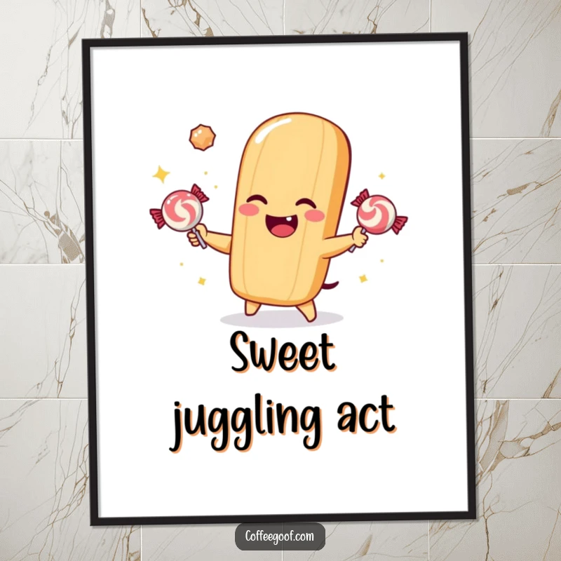 Funny poster art of a smiling baguette character juggling three shiny, sparkling candies with a wink.
