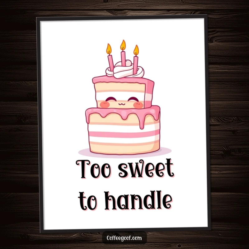 Funny Cake Poster of a proud cake character joyfully blowing out tiny whimsical candles, celebrating a special birthday.
