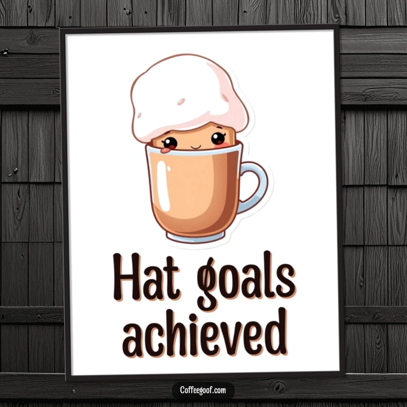 Funny cup of cocoa character wearing a whimsical marshmallow hat, displayed as a cozy cartoon poster, adding warm decor