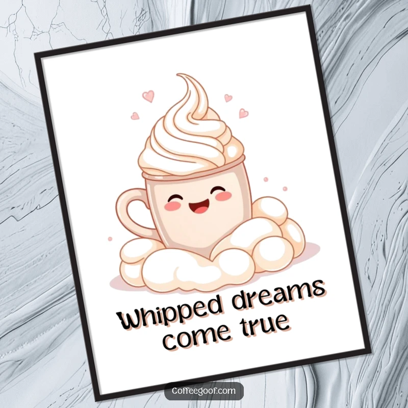 Funny Poster: A smiling cocoa mug performs a cannonball splash into whipped cream, bringing a humorous and delightful scene to wall art.