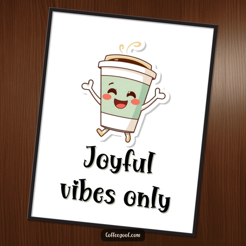 Funny coffee cup poster featuring a jubilant character bouncing with glee, adding a splash of color and happiness to any wall.