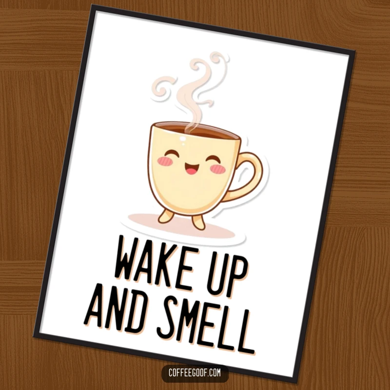 Funny Coffee Cup Poster featuring a smiling character with playful steam, excellent for humorous wall art.