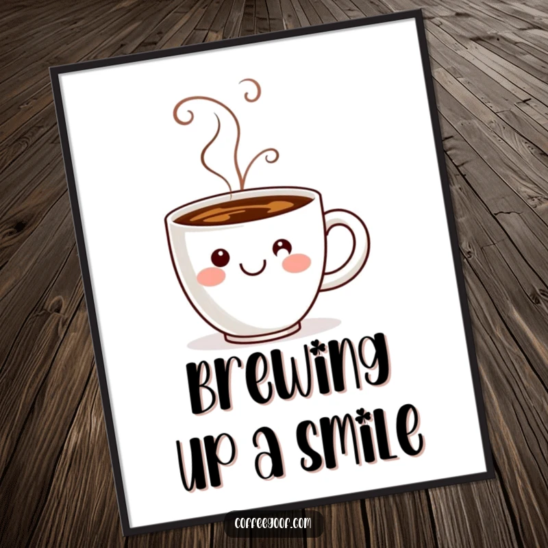 Funny coffee cup with steam artfully forming a smiley face, presented as a cheerful poster for decor.