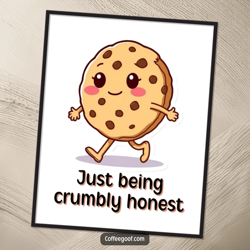 Funny Poster: A sentient cookie character performs a silly walk, crumbling slightly mid-stride, adding a humorous element to wall art.