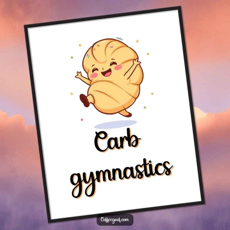 Funny croissant poster featuring a grinning pastry doing a spirited cartwheel, decorated with sprinkles, full of fun.