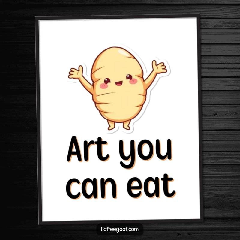 Funny croissant poster showcasing a jolly pastry with arms akimbo, posing proudly, adding a humorous touch to any wall space.