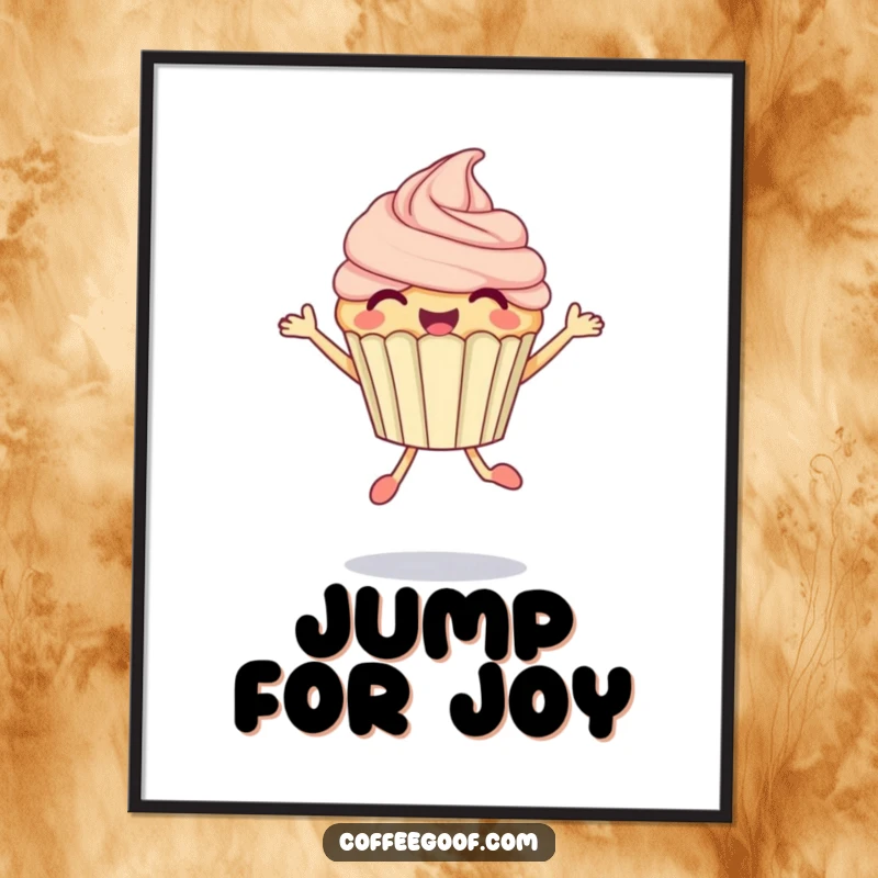 Funny Cupcake Poster showcasing a delighted anthropomorphic cupcake in a bubbly jump, adding sweetness and joy to decor.