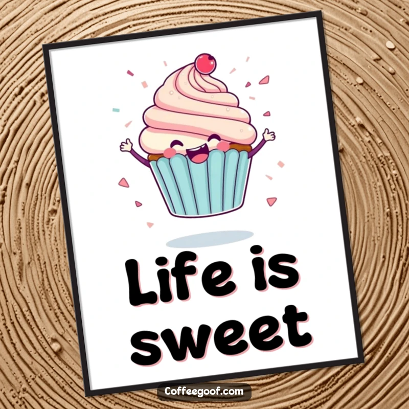Funny poster of a delighted cupcake character spinning joyfully, icing flying like confetti, creating a vibrant and humorous decorative piece.