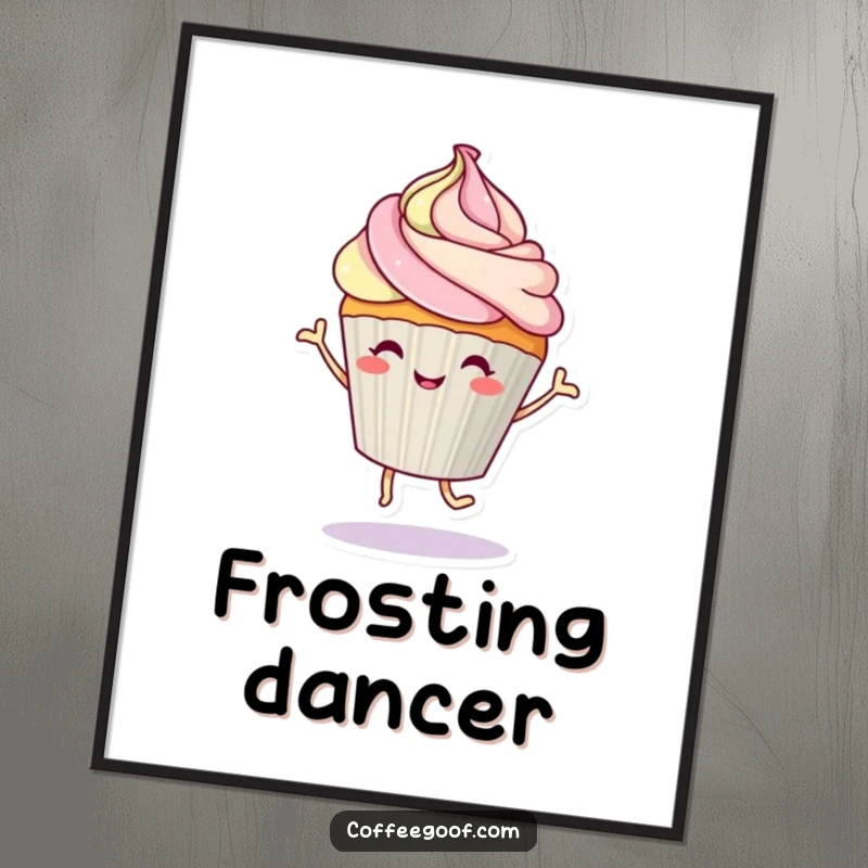 Funny, cheerful cupcake character dancing with a flourish of frosting, presented as a delightful piece of humorous wall art.