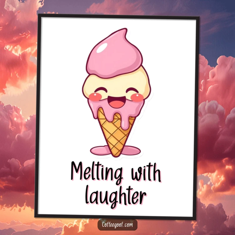 Funny giggling ice cream cone poster, melting with laughter, adding a sweet, humorous, and delightful touch to wall decor.