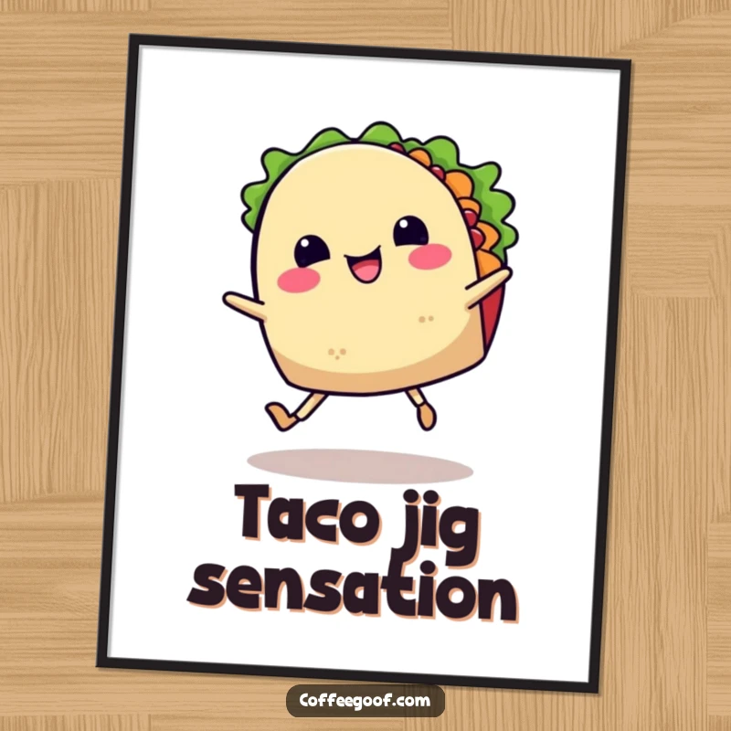 Funny poster art of a smiling taco with legs dancing a lively jig, representing pure happiness and the festive spirit of Mexican cuisine.