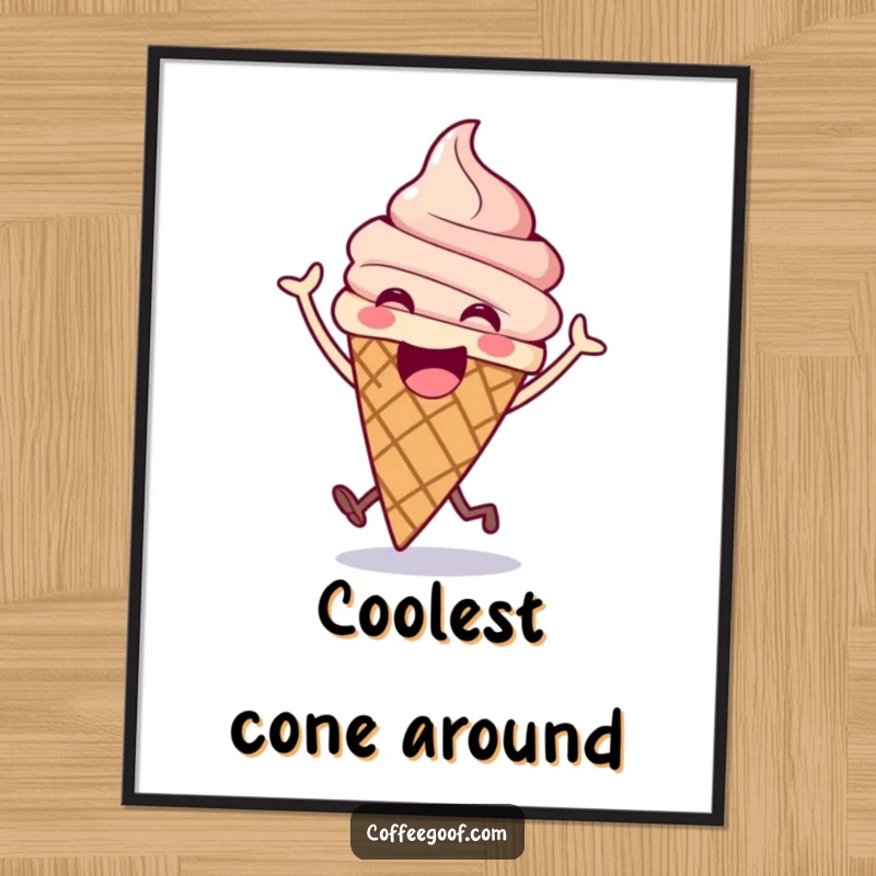 Funny ice cream poster showcasing an excited cone doing a happy bounce, adding a burst of fun and sweetness to any room.