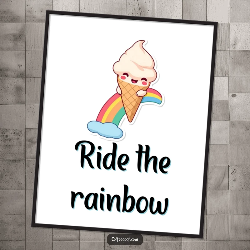Funny Ice Cream Poster showcasing a smiling anthropomorphic ice cream cone sliding down a colorful rainbow, adding whimsy to decor.