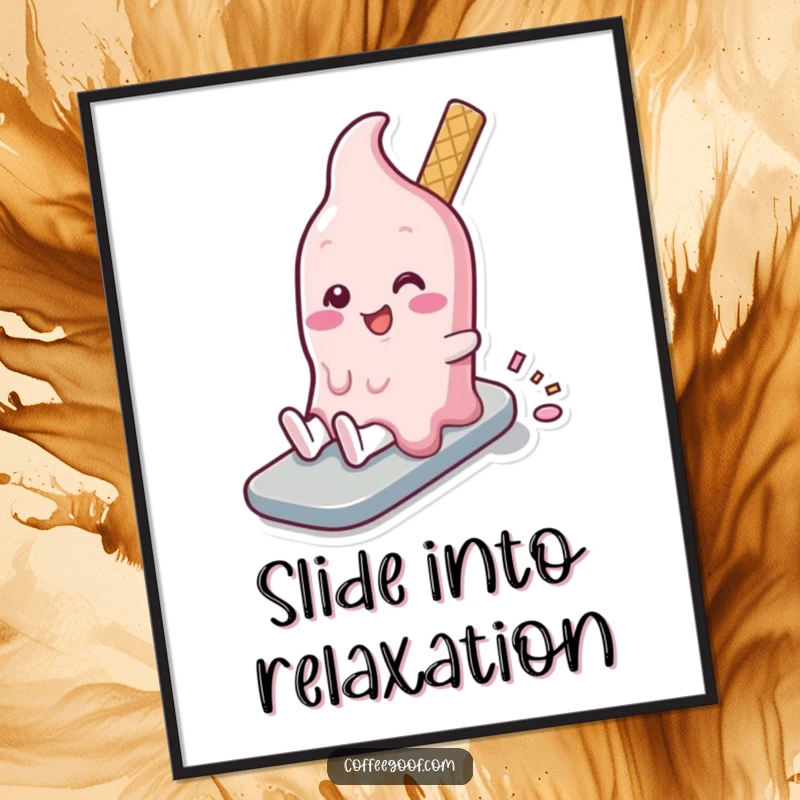 Funny melting ice cream character in a slow, blissful slide, creating a whimsical and humorous wall art piece.