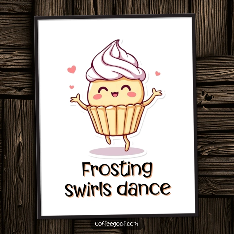 Funny poster art of a whimsical muffin character in a joyful dance, with decorative frosting swirls, creating a lively and appetizing display.