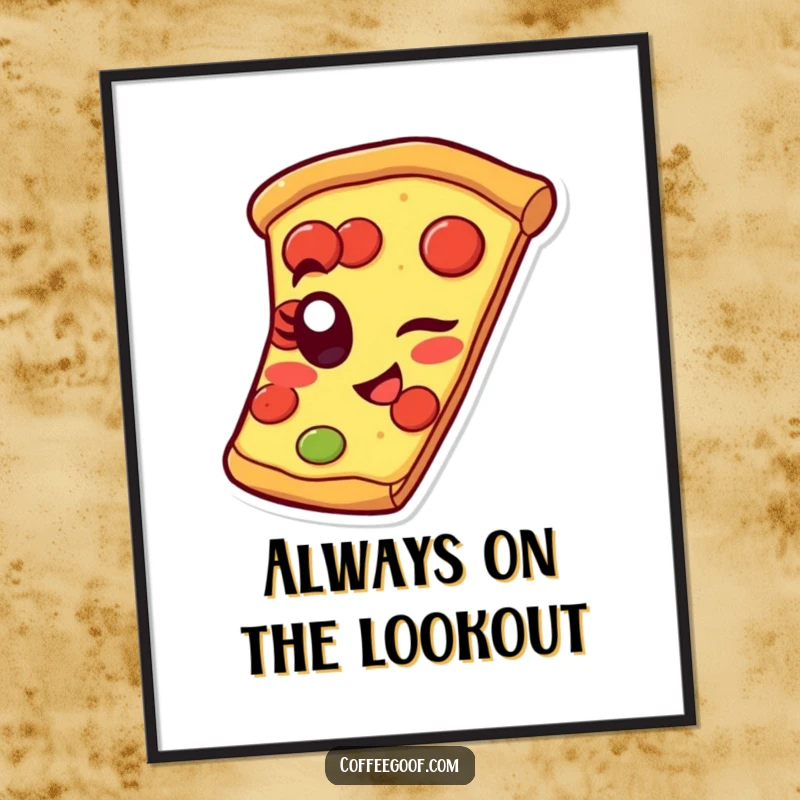Funny pizza poster featuring a cheerful slice winking with a pepperoni eye, bringing playful food-themed humor to any room.