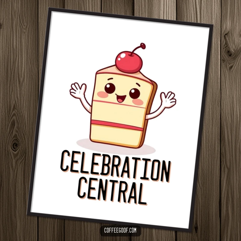 Funny poster art depicting a happy slice of cake with a cherry, waving energetically. Whimsical decor to sweeten any room.