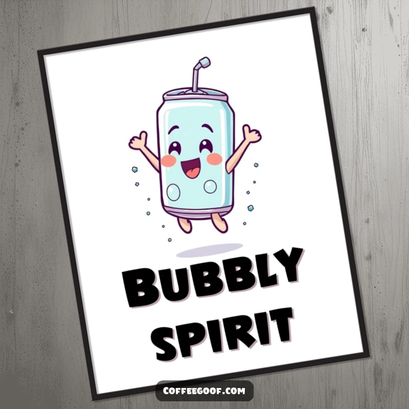 Funny soda can poster, leaping dynamically with exhilarating joy, adding a burst of vibrant, humorous energy to any space.