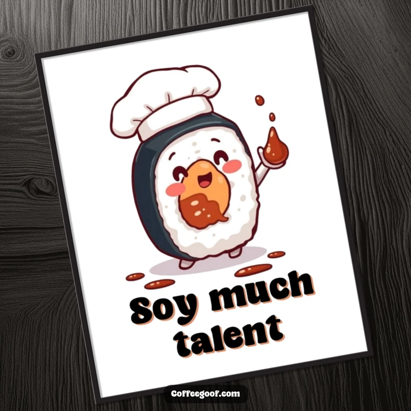 Funny poster print of a sushi roll character wearing a tiny chef hat and juggling soy sauce bottles, adding humor to any wall decor.