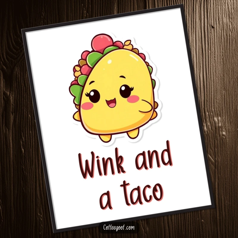 Funny poster art of a playful taco character, shell slightly open, winking cheekily, creating a vibrant and appetizing display.
