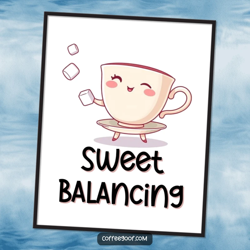 Funny Teacup Poster featuring a winking character juggling sugar cubes, ideal for playful wall art.