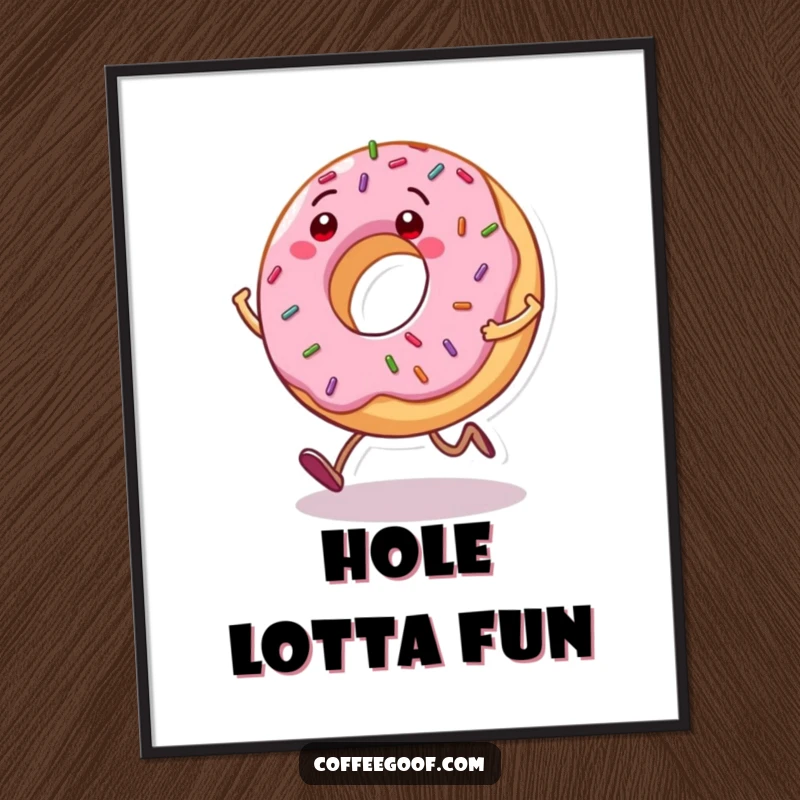 Funny Donut Poster: A grinning donut character with sprinkles bouncing as it hops, adding cheerful, sweet vibes to decor.