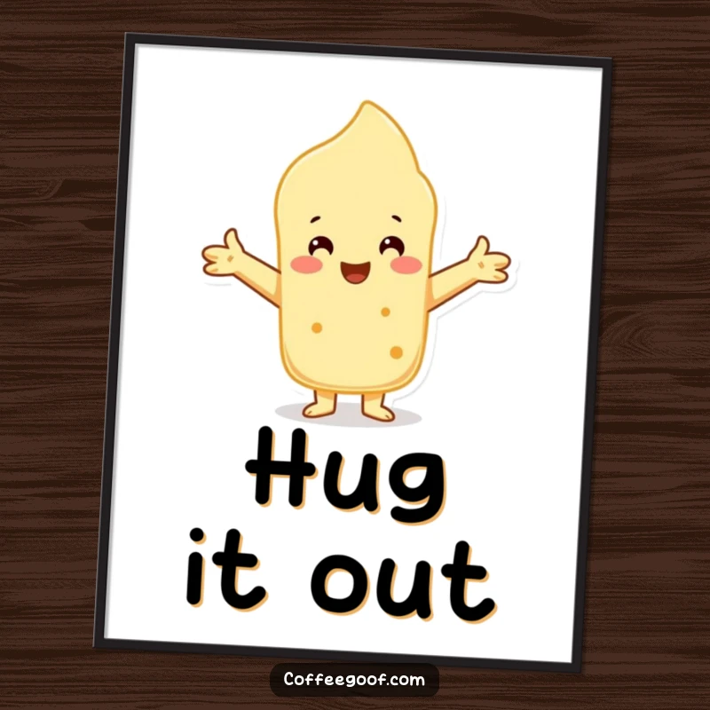 Funny Scone Poster featuring a cheerful character offering a warm embrace, ideal for comforting wall art.