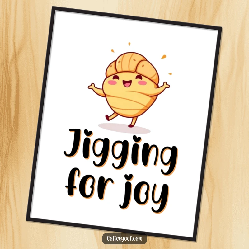 Funny poster featuring a happy croissant with sprinkles energetically jigging, a vibrant and joyful piece of baked good art.