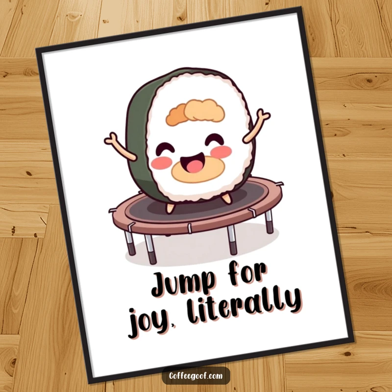 Funny sushi roll character in a dynamic pose, bouncing gleefully on a trampoline, perfect for wall art.