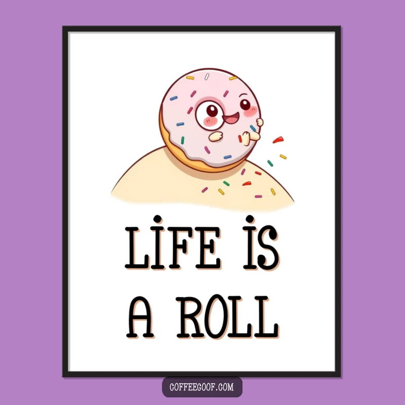 Funny Donut Rolling Hill Poster: Giggling Character Spills Sprinkles - Sweet Wall Decor Gift