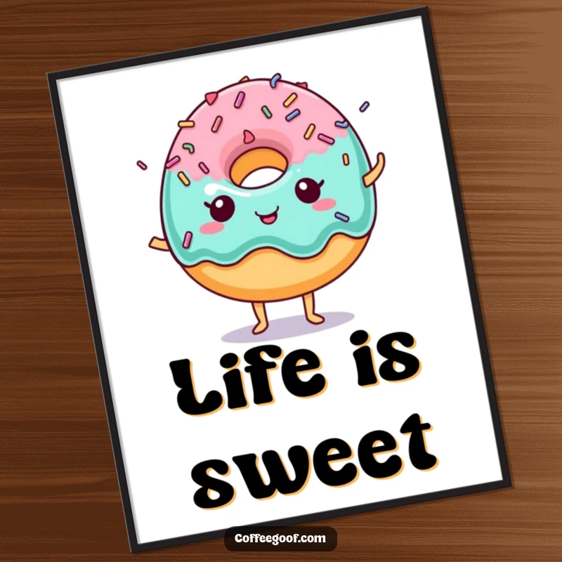 Funny Donut Poster featuring a happy donut with lively dancing sprinkles, excellent for cheerful wall art.