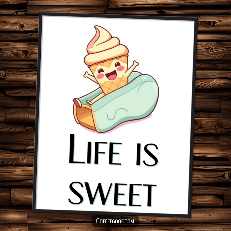 Funny poster print of an anthropomorphic ice cream cone energetically sliding with a huge smile, bringing visual delight.