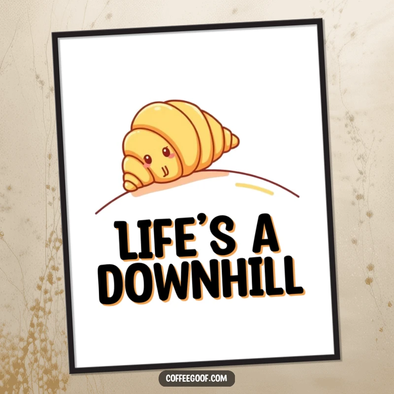 Funny Croissant Poster: Cheerful croissant character rolling down a gentle hill, perfect for kitchen decor and pastry lovers.