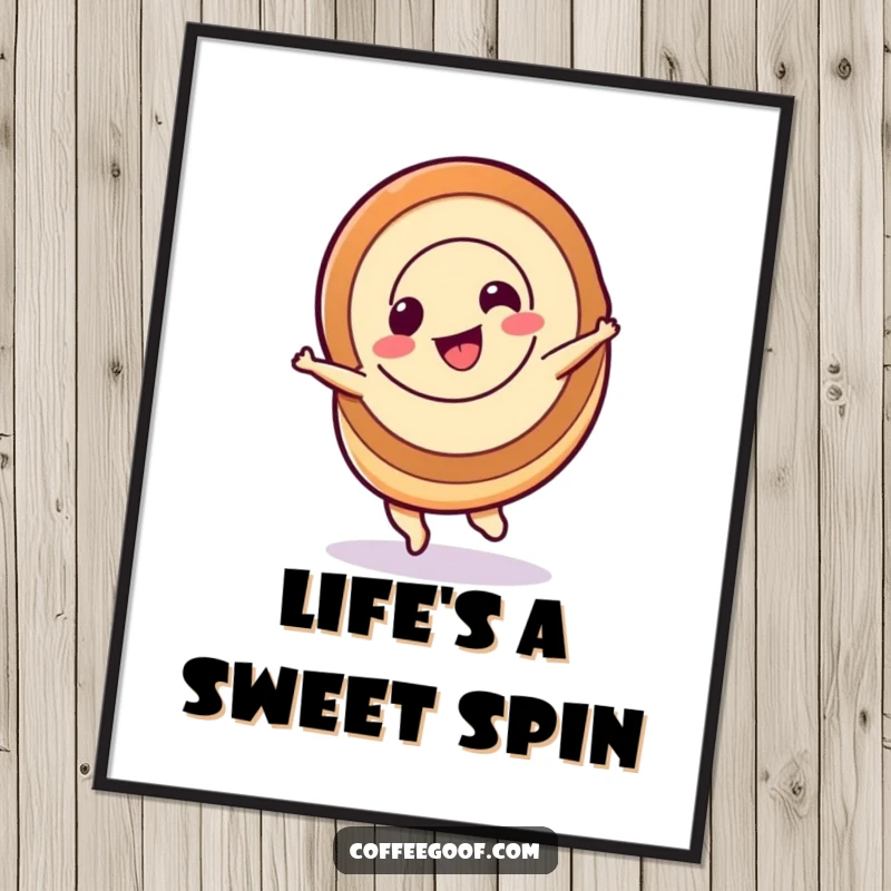 Funny cinnamon roll poster, a happy cinnamon roll doing a playful spin, whimsical and sweet wall decor.