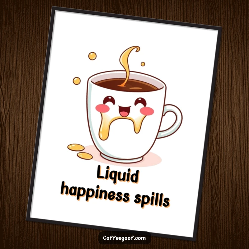 Funny Poster showcasing a cheerful coffee cup character's delightful spill, bringing joy and humor to wall art as a funny gift.