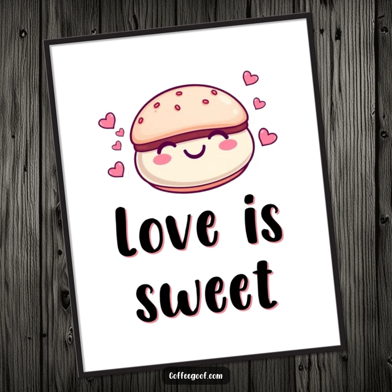 Funny smiling macaroon character with tiny hearts floating around it, displayed as a charming cartoon poster, adding sweet decor