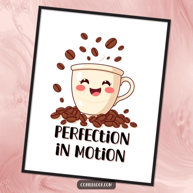 Funny coffee poster capturing a smiling cup juggling small coffee beans, radiating energy and a love for all things coffee.