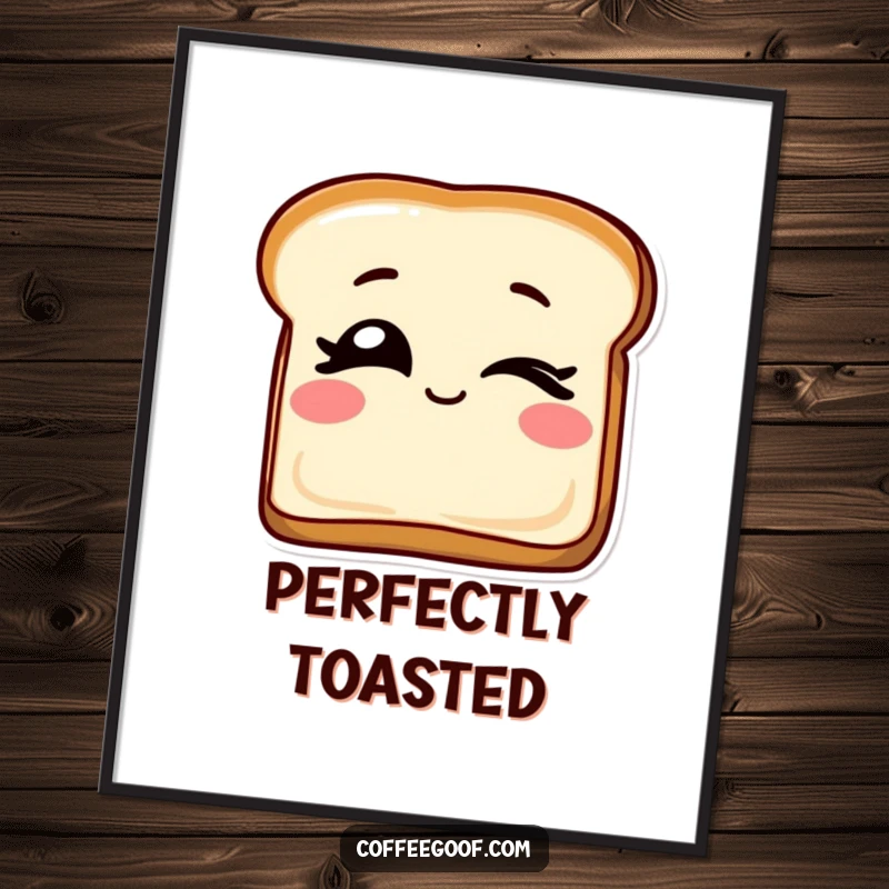 Funny poster featuring a slice of toast with eyes winking playfully, radiating breakfast charm and graphic appeal.