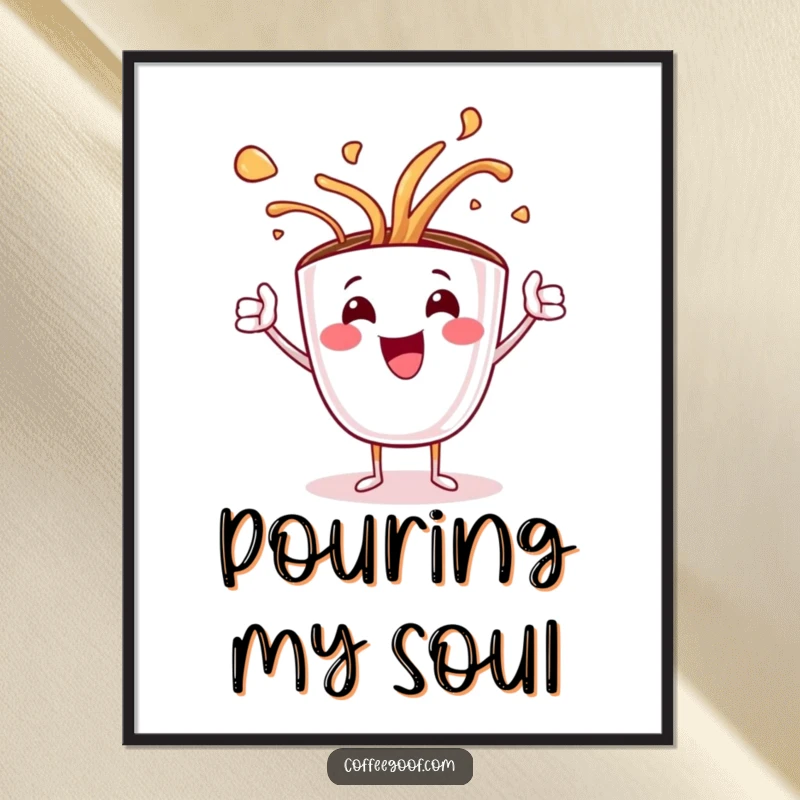 Funny poster print of a jubilant coffee cup character artistically spilling steaming hot latte art with a flourish, a vibrant decoration.