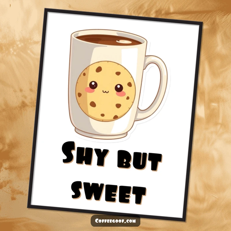 Funny poster depicting a shy cookie peeking from behind a giant coffee mug, capturing a moment of sweet hesitation.