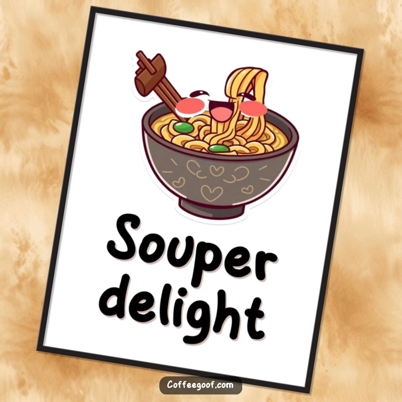 Funny poster of a gleeful ramen bowl character slurping noodles with exaggerated delight, a humorous and appetizing piece for art lovers.