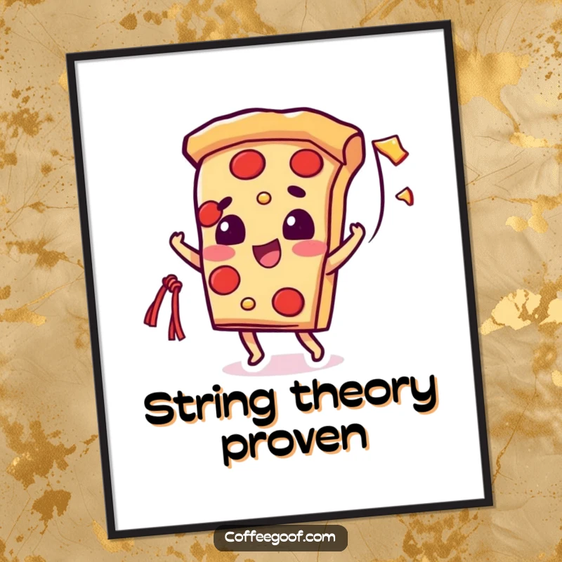 Funny poster print of a beaming pizza slice character joyfully flinging a long, gooey string of cheese, vibrant wall decor.